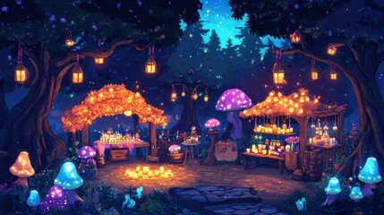 Obraz premium Enchanted forest market at night with glowing mushrooms, lanterns, and potion stalls.