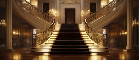 Obraz premium Grand staircase in a luxurious mansion with ornate railings and warm lighting.