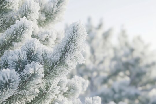 Close up of pine tree covered with snow frost in winter