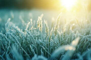 Morning frost on green grass in garden  frozen meadow plants.