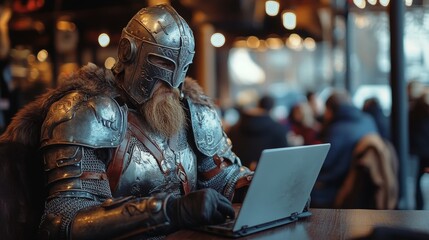Medieval warrior in armor working on laptop in modern cafe setting
