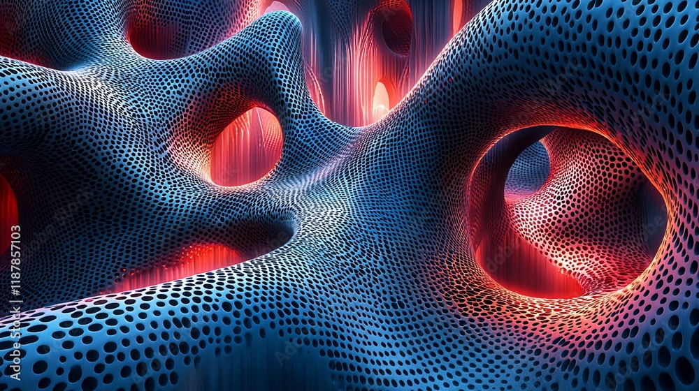 Poster abstract 3d rendering of a textured, porous, biomorphic form with glowing red and blue hues.