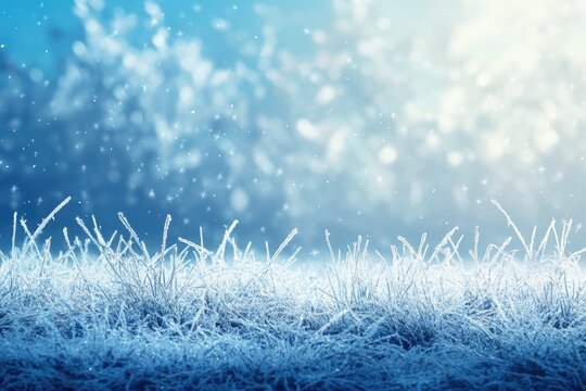 Winter background  morning frost on the grass with copy space