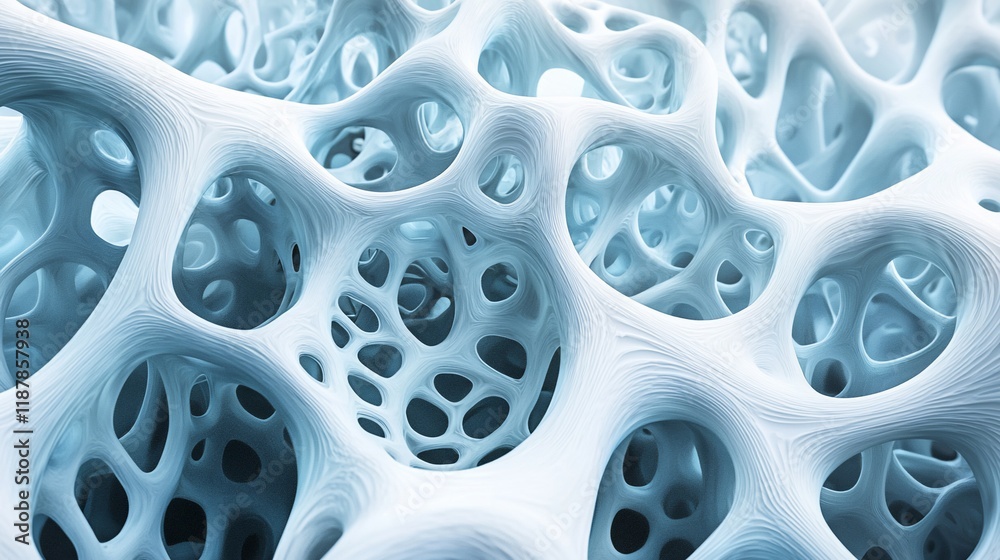 Poster Abstract 3D rendering of a porous, organic structure resembling bone or sponge.