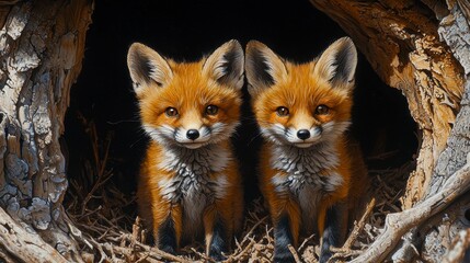 Fototapeta premium Two red fox kits peering from a dark, natural den.
