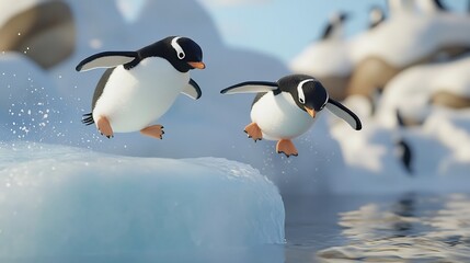 Obraz premium Playful penguins leaping from a small icy ledge into the snow-covered landscape,creating a dynamic and energetic scene in the cold Antarctic environment.