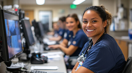Smiling healthcare professional working diligently in a modern hospital setting
