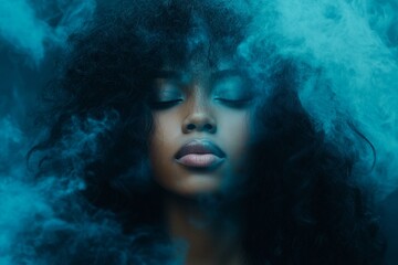 Fototapeta premium Commercial ad campaign idea. Long trim - curly hair. Gorgeous calm black girl - for ads, billboard and social online promotion ad use. Woman model. Black model with glamour. Commercial shoo.