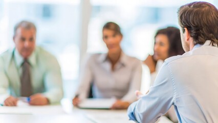 Strategic Team Discussion: A business leader facilitating a strategy discussion with their team, blurred office environment in the background.	
