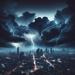 A lightning storm thundering over a city