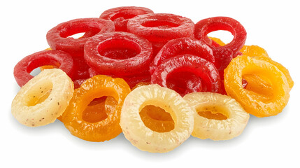 Colorful fruit rings, snack food, studio shot, white background, healthy eating