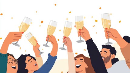 Cheers! People celebrate and raise glasses of wine for toast Group of man and woman cheering with champagne