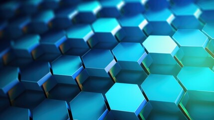 Naklejka premium A large, abstract hexagonal pattern with sharp edges, filled with vibrant blue and green hues, evoking technology and medical science themes,