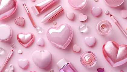 3D Illustration Pink Cosmetics and Hearts Background
