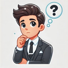 A charming cartoon illustration of a young professional in a sharp suit, thoughtfully pondering with a question mark bubble above. This artwork represents curiosity, problem-solving, and decision-maki