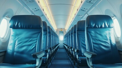 Interior of airplane with empty seats and lights. View from inside the plane.