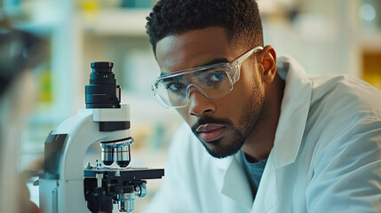 Scientist examines samples under microscope in laboratory environment focusing on research