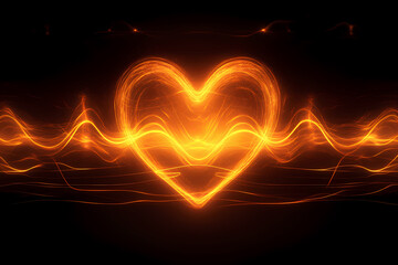 A glowing heart surrounded by concentric waves of light symbolizing love. An abstract representation of affection and care