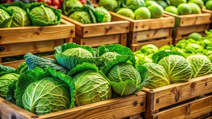 Fresh Cabbage Display in Grocery Store Boxes - Candid Photography of Vegetables, Organic Produce, Farm-Fresh Cabbage, Sustainable Shopping, Healthy Eating, Vibrant Green Cabbage, Market Scene
