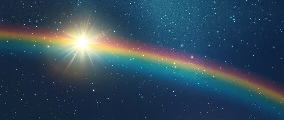Radiant sunburst and rainbow arc in a starry night sky