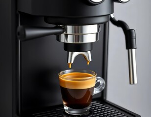 Close-up of a modern, black espresso machine dispensing a rich espresso shot into a small glass cup.