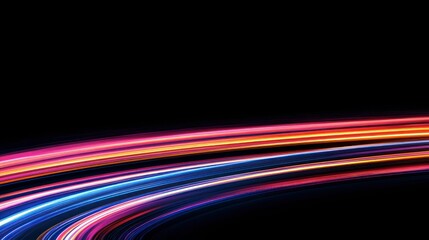 Vibrant, colorful curves of light dance across a deep black background, creating a mesmerizing interplay of glowing lines that exude energy and fluidity