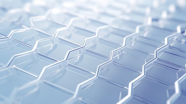 Close-up view of a hexagonal grid pattern, with interconnected elements resembling a futuristic digital network, set against a clean,