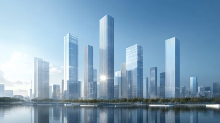 Naklejka premium Modern Glass Skyscrapers by Waterfront