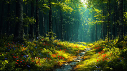 Fototapeta premium Sunlight filters through the dense canopy, illuminating a trail lined with colorful blossom of wildflowers.