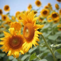 Fototapeta premium Two Sunflowers Bloom Brightly In A Field Of Sunflowers