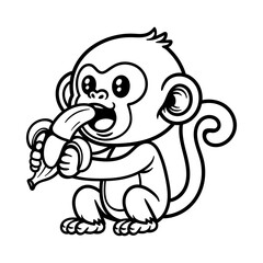 fun cute sitting monkey with banana cartoon character isolated drawing line style sketch classic vintage design illustration