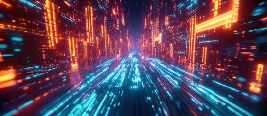 Fototapeta premium Abstract digital tunnel with glowing orange and blue lines.