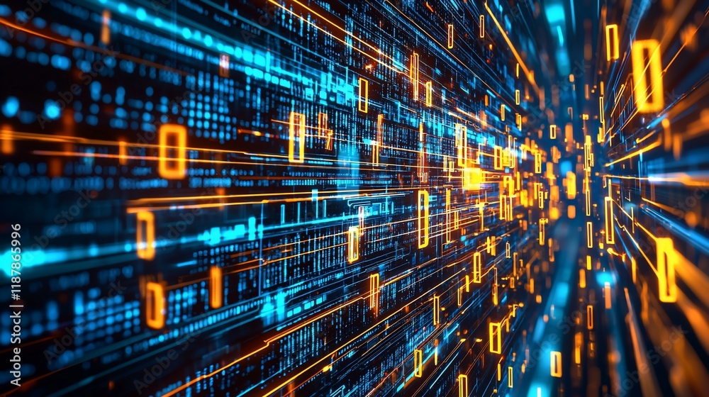 Poster Abstract digital data stream, glowing binary code, technology background.