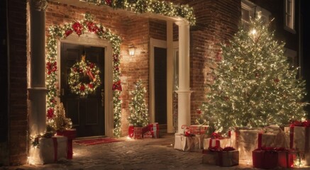 Fototapeta premium Christmas Decorated Brick House with Tree, Wreath, Lights, and Gifts Creating a Festive Atmosphere