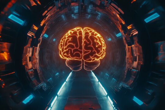 Futuristic neon brain in sci-fi tunnel with vibrant lighting