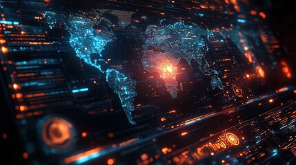 Obraz premium Futuristic digital world map with glowing elements.
