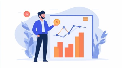 Man holding coin, celebrating financial growth shown on graph.
