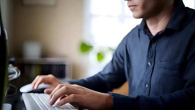 Capturing the hands and fingers of a man typing on a computer keyboard, illustrating the concept of text chat and online messaging in business.