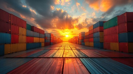 Fototapeta premium Vibrant sunset over shipping containers at industrial dockyard