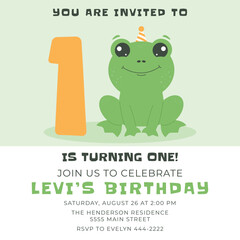 Greeting and invitation card for first kids Birthday party. Cute baby frog and number 1 in flat childrens style. Vector illustration, design for card, poster, event