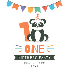 Greeting and invitation for first Birthday party. Cute baby panda and number 1 in flat childrens style. Vector illustration, design for card, poster, event