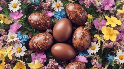 Obraz premium Chocolate eggs nestled in colorful wildflowers.
