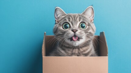 I am your gift Contemporary art collage or design in magazine style poster Abstract minimalism and surrealism Funny surprised gray cat in box as gift on blue background Concept of christmas