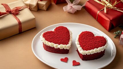 Two cakes Red velvet in the shape of hearts on white plate and gifts on brown background Cake for Valentines Day high angle