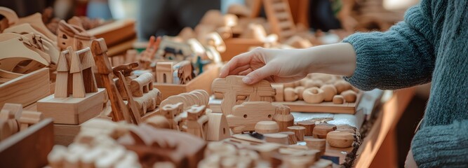 A person selling handcrafted wooden toys at a local artisan market