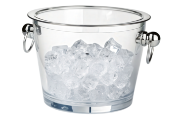 Clear acrylic ice bucket with ice isolated with transparent background