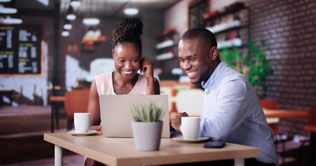 Coworkers Using Technology Lifestyle. Man And Woman Drinking Coffee
