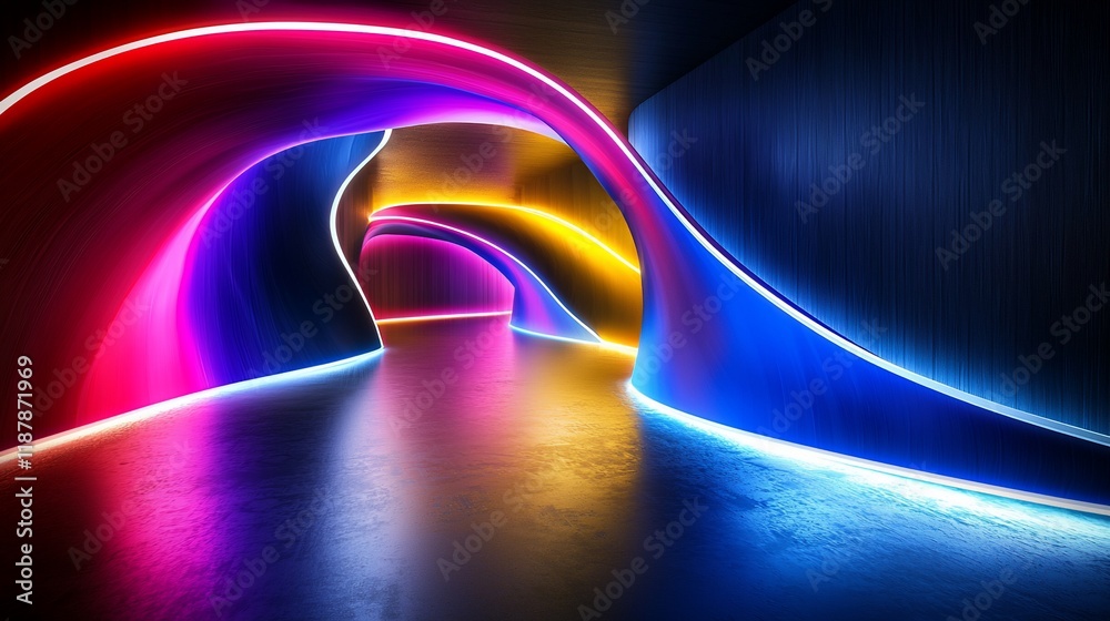 Poster abstract neon tunnel with vibrant colors and glowing lines.