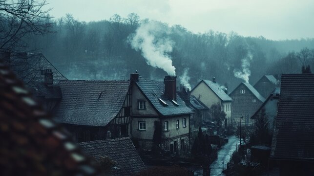 Misty village with smoke rising from chimneys on a cold day. - Powered by Adobe