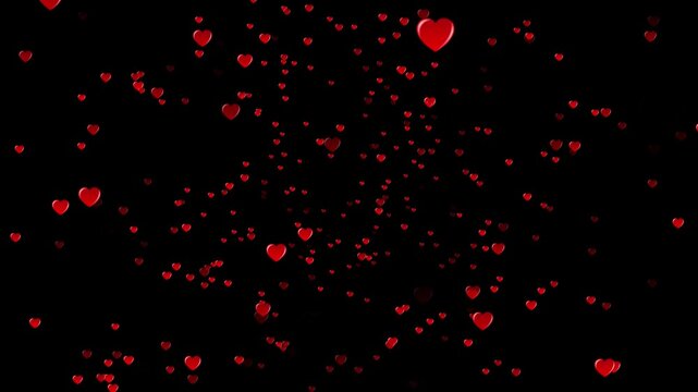4k Seamless loop of floating red hearts animation on a black background